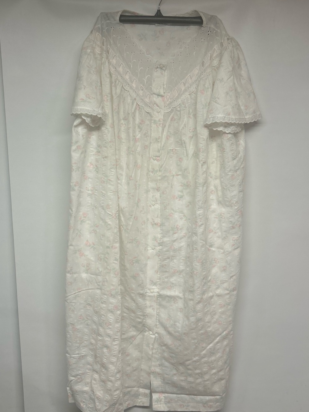 Classic White Cotton Button-Front Nightgown with Subtle Pink Floral Detail